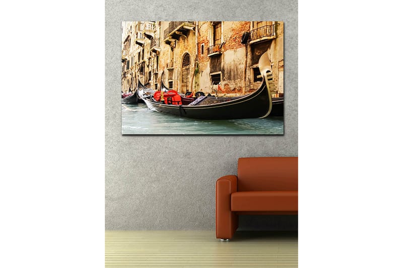 Canvastavla 70x100 cm - Romantisk scen med gondoler som glider fram i en venetiansk kanal - Svart / Röd / Beige - Inredning - Tavlor & konst - Canvastavlor