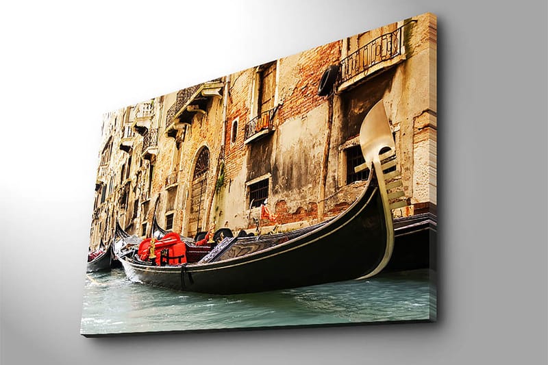 Canvastavla 70x100 cm - Romantisk scen med gondoler som glider fram i en venetiansk kanal - Svart / Röd / Beige - Inredning - Tavlor & konst - Canvastavlor