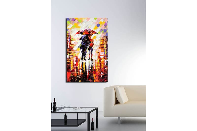 Canvastavla 70x100 cm - Romantisk scen med två personer som delar ett paraply i en regnig stadsmiljö - Röd / Svart / Orange - Inredning - Tavlor & konst - Canvastavlor