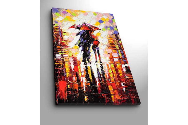 Canvastavla 70x100 cm - Romantisk scen med två personer som delar ett paraply i en regnig stadsmiljö - Röd / Svart / Orange - Inredning - Tavlor & konst - Canvastavlor