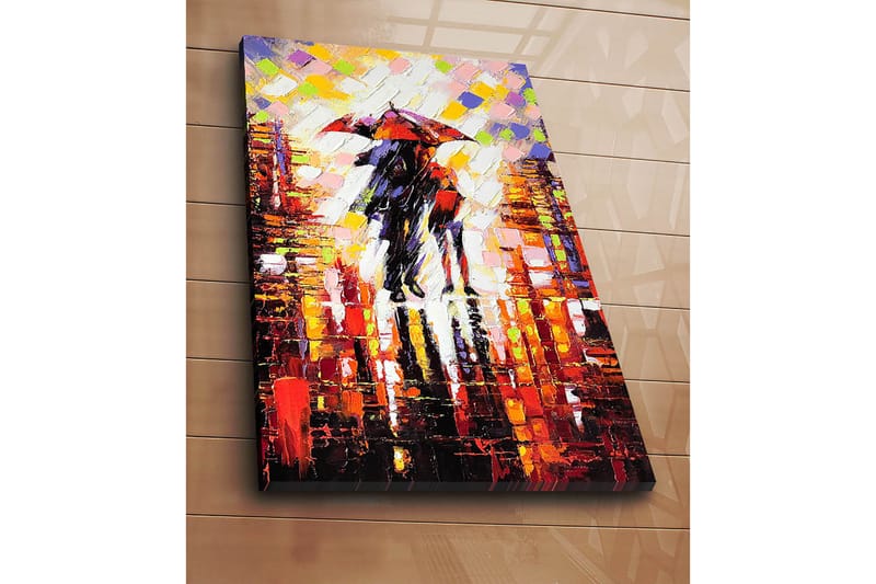 Canvastavla 70x100 cm - Romantisk scen med två personer som delar ett paraply i en regnig stadsmiljö - Röd / Svart / Orange - Inredning - Tavlor & konst - Canvastavlor