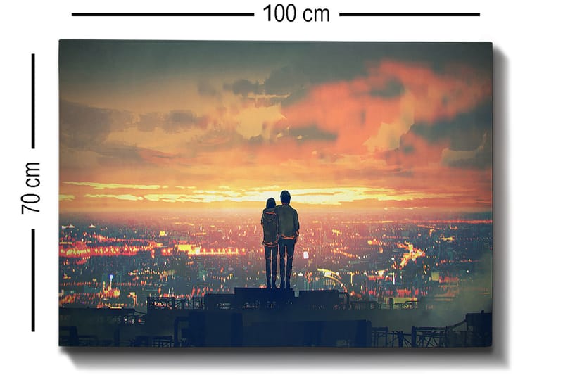 Canvastavla 70x100 cm - Romantisk silhuett av ett par som står tillsammans och beundrar en solnedgång över en stad - Orange / Blå / Svart - Inredning - Tavlor & konst - Canvastavlor