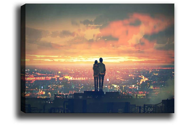 Canvastavla 70x100 cm - Romantisk silhuett av ett par som står tillsammans och beundrar en solnedgång över en stad - Orange / Blå / Svart - Inredning - Tavlor & konst - Canvastavlor