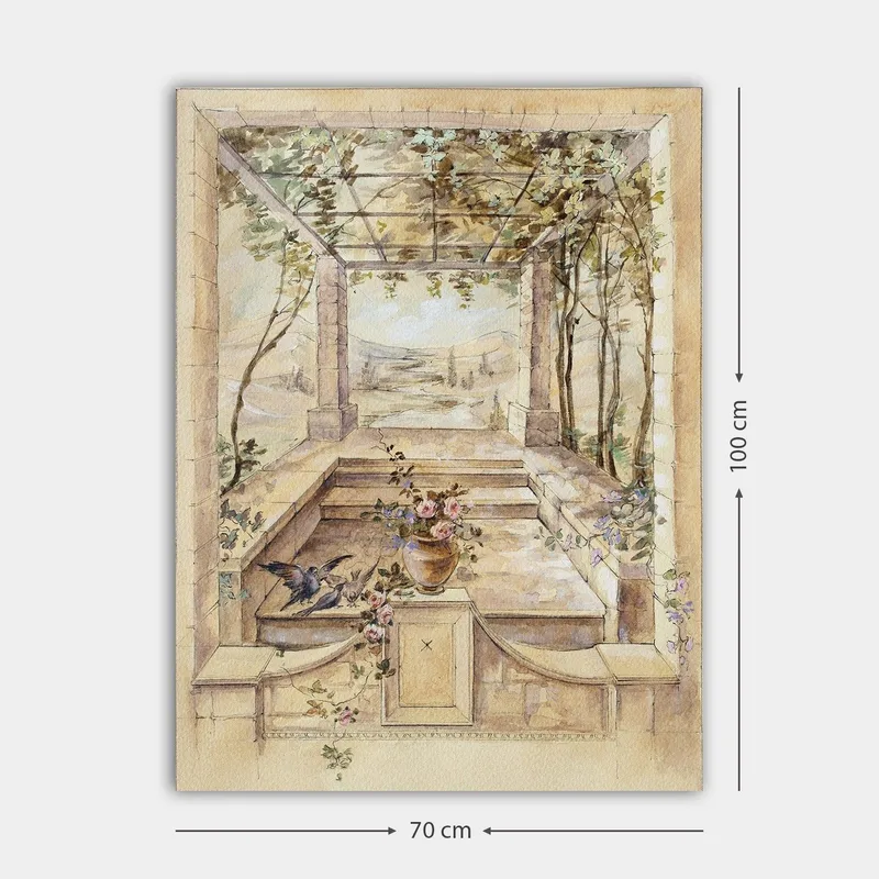 Canvastavla 70x100 cm - Romantisk trädgård med en vacker utsikt och blommor i en vas - Beige / Grön / Rosa - Inredning - Tavlor & konst - Canvastavlor