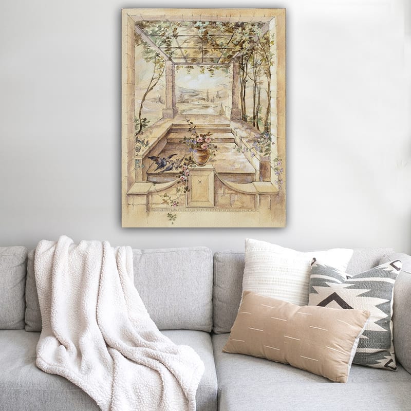 Canvastavla 70x100 cm - Romantisk trädgård med en vacker utsikt och blommor i en vas - Beige / Grön / Rosa - Inredning - Tavlor & konst - Canvastavlor