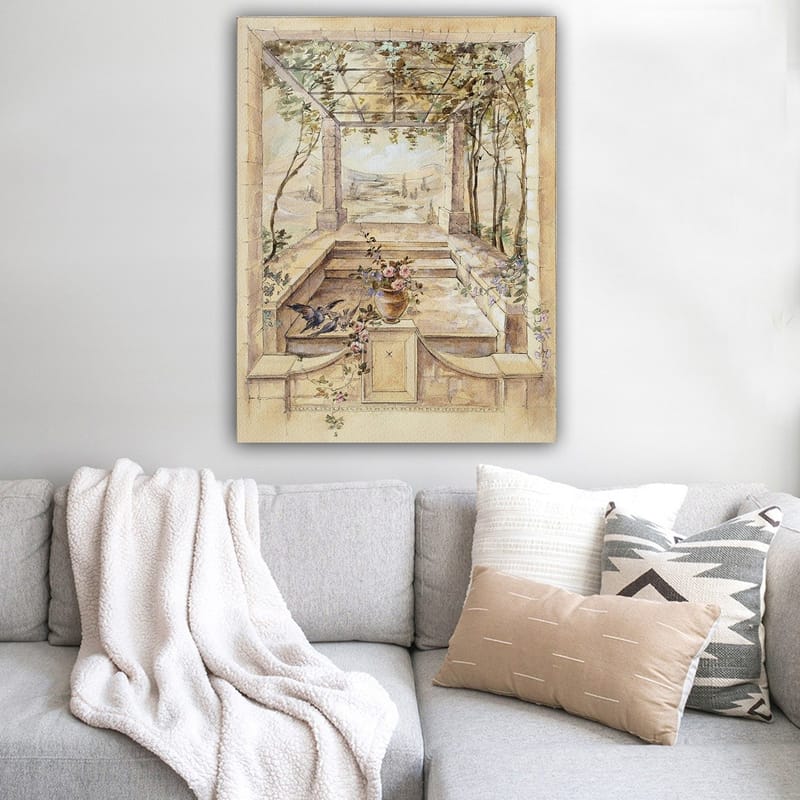 Canvastavla 70x100 cm - Romantisk trädgård med en vacker utsikt och blommor i en vas - Beige / Grön / Rosa - Inredning - Tavlor & konst - Canvastavlor