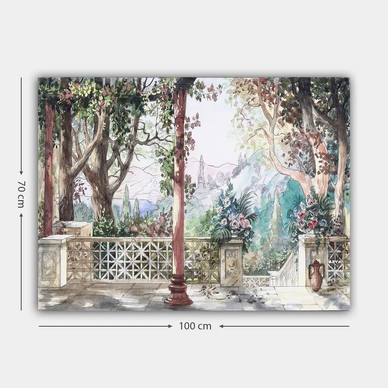 Canvastavla 70x100 cm - Romantisk utsikt över en trädgård med blommor och pelare i en solig miljö - Grön / Rosa / Beige - Inredning - Tavlor & konst - Canvastavlor