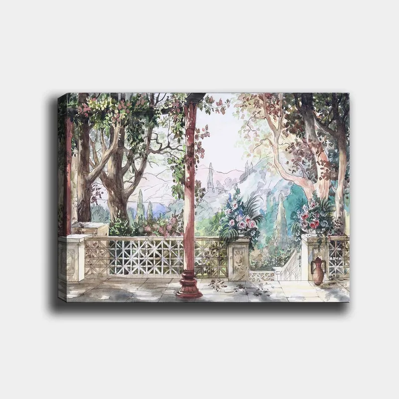 Canvastavla 70x100 cm - Romantisk utsikt över en trädgård med blommor och pelare i en solig miljö, Grön / Rosa / Beige