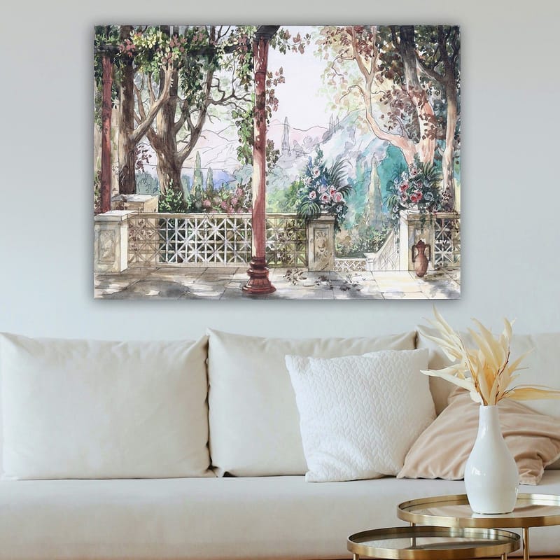 Canvastavla 70x100 cm - Romantisk utsikt över en trädgård med blommor och pelare i en solig miljö - Grön / Rosa / Beige - Inredning - Tavlor & konst - Canvastavlor