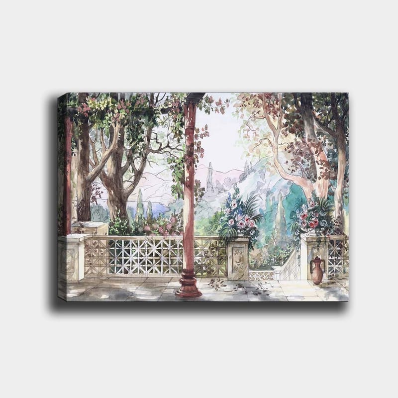 Canvastavla 70x100 cm - Romantisk utsikt över en trädgård med blommor och pelare i en solig miljö, Grön / Rosa / Beige