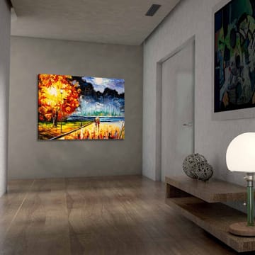 Canvastavla 70x100 cm - Romantisk promenad under en månbelyst himmel med färgglada höstträd - Orange / Blå / Röd - Inredning - Tavlor & konst - Canvastavlor