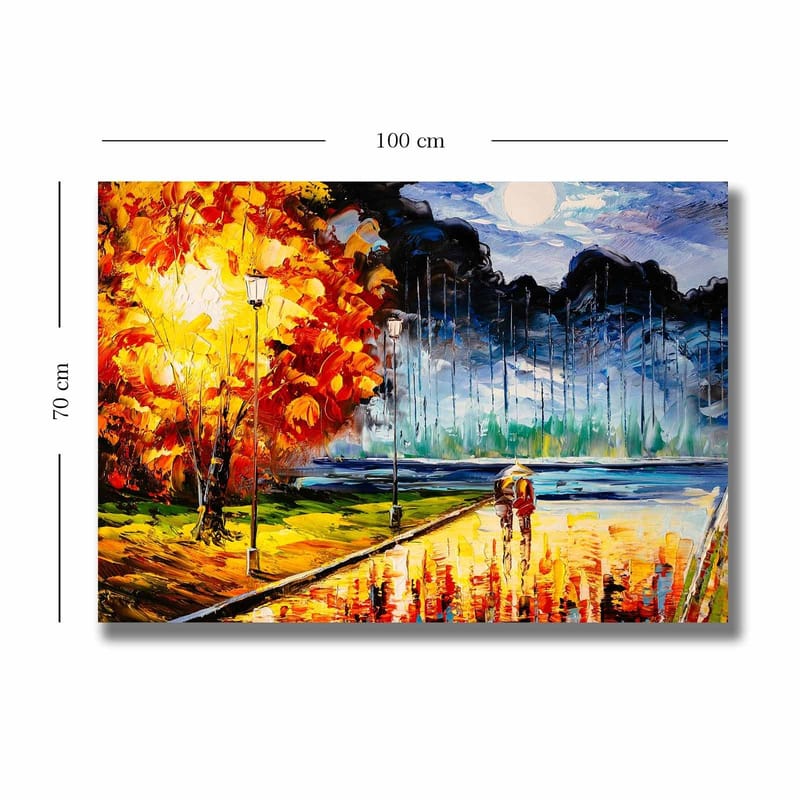 Canvastavla 70x100 cm - Romantisk promenad under en månbelyst himmel med färgglada höstträd - Orange / Blå / Röd - Inredning - Tavlor & konst - Canvastavlor