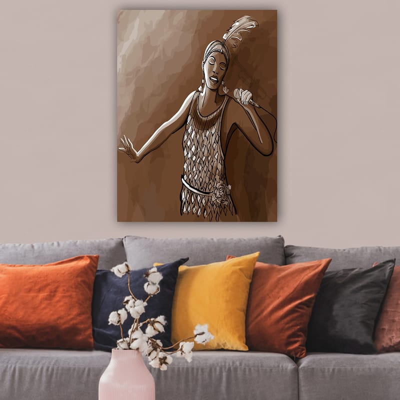 Canvastavla 70x100 cm - Sångerska i en glittrig klänning som framför en kraftfull sång - Brun / Beige / Vit - Inredning - Tavlor & konst - Canvastavlor