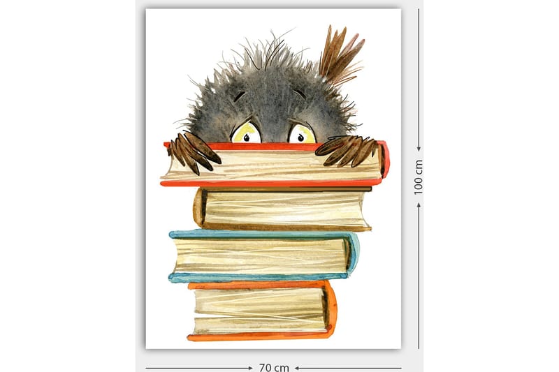Canvastavla 70x100 cm - Söt, nyfiken karaktär som tittar fram bakom en stapel böcker - Svart / Beige / Orange - Inredning - Tavlor & konst - Canvastavlor