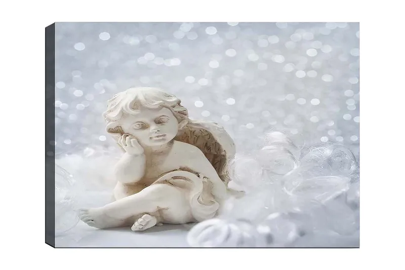 Canvastavla 70x100 cm - Söt ängel i keramik som sitter med en eftertänksam min, Vit / Beige