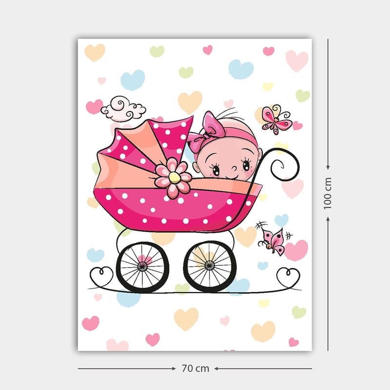 Canvastavla 70x100 cm - Söt baby i en barnvagn omgiven av färgglada hjärtan och fjärilar - Rosa / Svart / Ljusblå - Inredning - Tavlor & konst - Canvastavlor