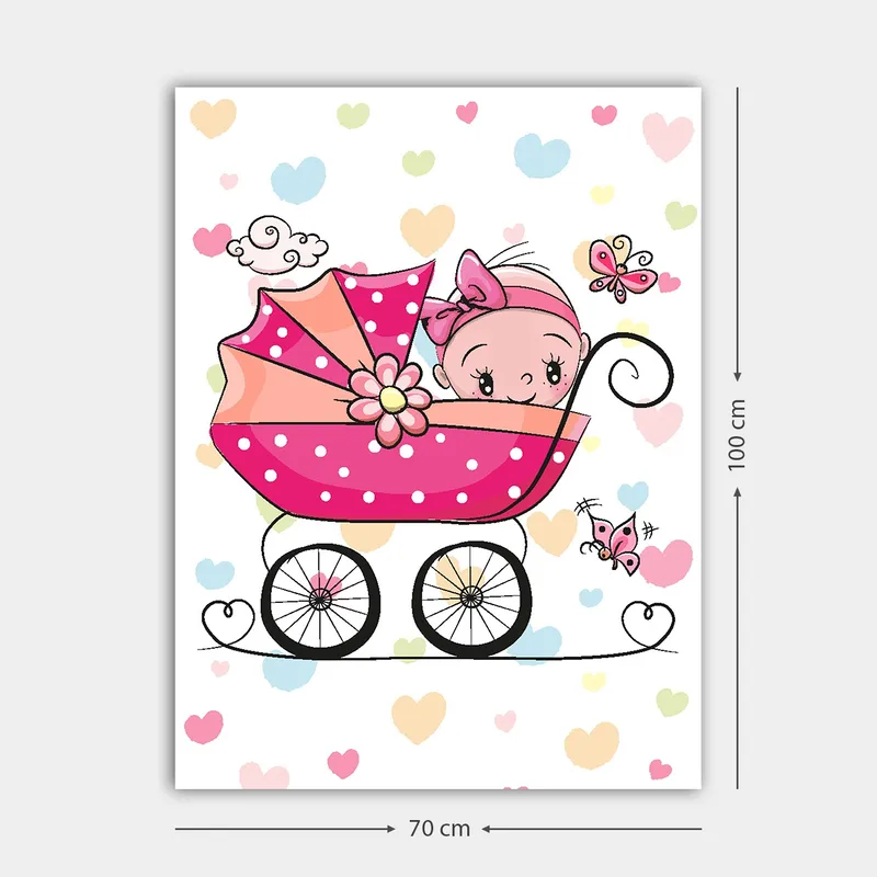 Canvastavla 70x100 cm - Söt baby i en barnvagn omgiven av färgglada hjärtan och fjärilar - Rosa / Svart / Ljusblå - Inredning - Tavlor & konst - Canvastavlor