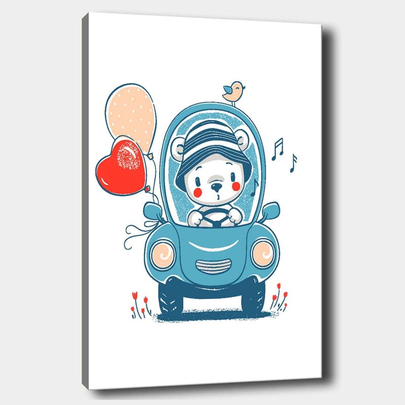 Canvastavla 70x100 cm - Söt björn i en bil som håller i ballonger och ser glad ut - Blå / Röd / Beige - Inredning - Tavlor & konst - Canvastavlor