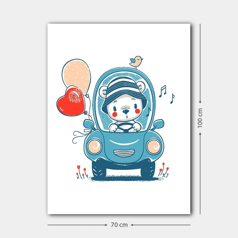 Canvastavla 70x100 cm - Söt björn i en bil som håller i ballonger och ser glad ut - Blå / Röd / Beige - Inredning - Tavlor & konst - Canvastavlor