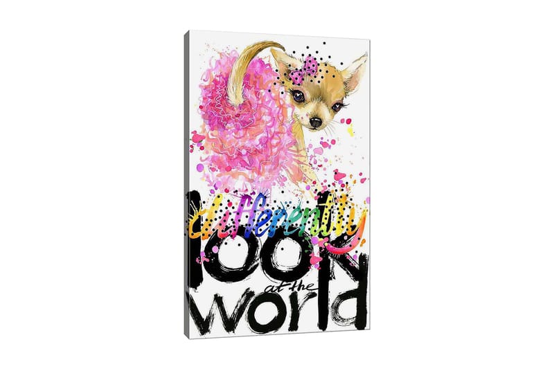 Canvastavla 70x100 cm - Söt chihuahua med en rosa blomma och färgglada detaljer, Rosa / Svart / Beige