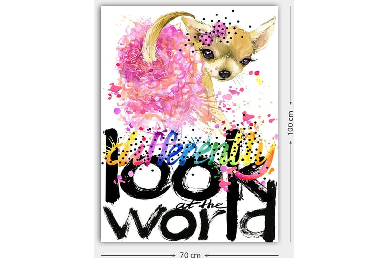 Canvastavla 70x100 cm - Söt chihuahua med en rosa blomma och färgglada detaljer - Rosa / Svart / Beige - Inredning - Tavlor & konst - Canvastavlor