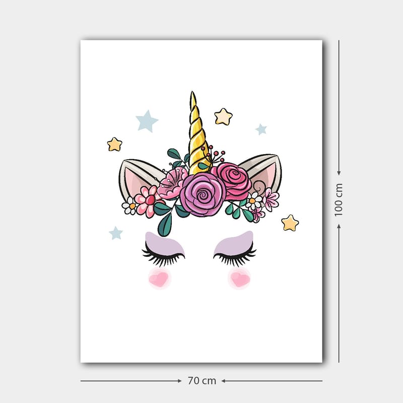 Canvastavla 70x100 cm - Söt enhörning med blommor och stjärnor som dekoration - Lila / Rosa / Guld - Inredning - Tavlor & konst - Canvastavlor