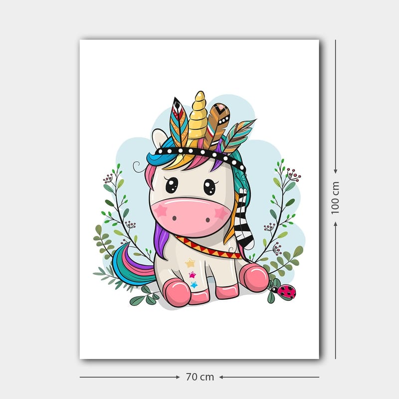 Canvastavla 70x100 cm - Söt enhörning med färgglad man och fjädrar som prydnad - Rosa / Lila / Grön - Inredning - Tavlor & konst - Canvastavlor
