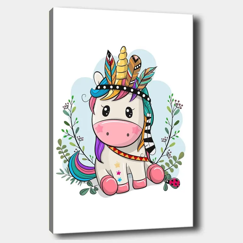 Canvastavla 70x100 cm - Söt enhörning med färgglad man och fjädrar som prydnad - Rosa / Lila / Grön - Inredning - Tavlor & konst - Canvastavlor