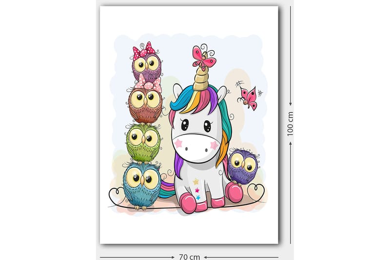 Canvastavla 70x100 cm - Söt enhörning omgiven av färgglada ugglor med stora ögon - Grå / Grön / Lila - Inredning - Tavlor & konst - Canvastavlor