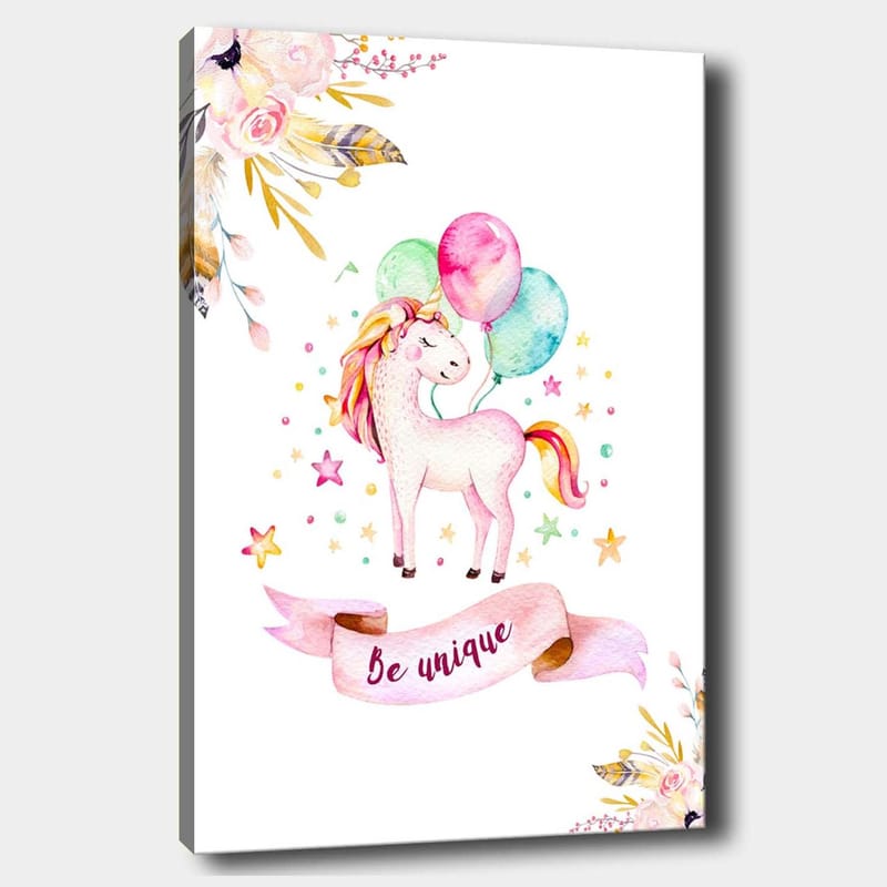 Canvastavla 70x100 cm - Söt enhörning som håller i färgglada ballonger och omges av stjärnor och blommor - Rosa / Mintgrön / Gul - Inredning - Tavlor & konst - Canvastavlor