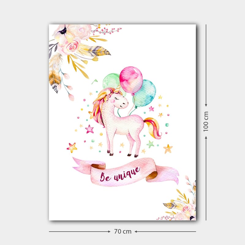 Canvastavla 70x100 cm - Söt enhörning som håller i färgglada ballonger och omges av stjärnor och blommor - Rosa / Mintgrön / Gul - Inredning - Tavlor & konst - Canvastavlor