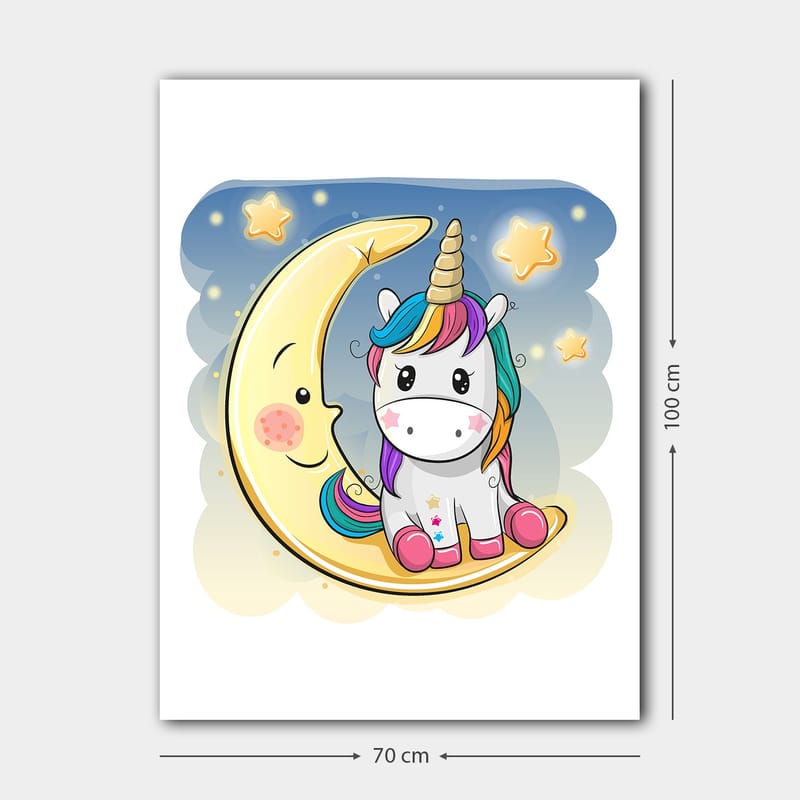 Canvastavla 70x100 cm - Söt enhörning som sitter på en måne med stjärnor i bakgrunden - Gul / Rosa / Blå - Inredning - Tavlor & konst - Canvastavlor
