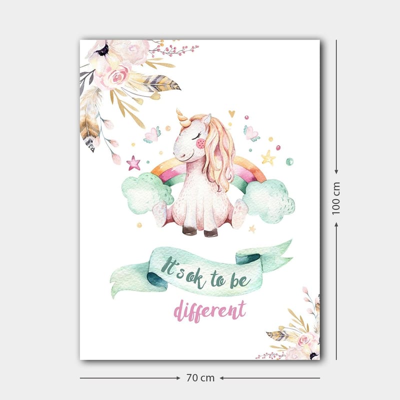 Canvastavla 70x100 cm - Söt enhörning som sitter på moln med en regnbåge i bakgrunden - Rosa / Mintgrön / Ljusgul - Inredning - Tavlor & konst - Canvastavlor