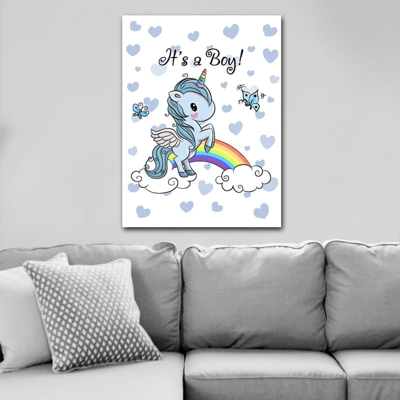 Canvastavla 70x100 cm - Söt enhörning som står på en regnbåge omgiven av moln och fjärilar - Ljusblå / Regnbågsfärger / Vit - Inredning - Tavlor & konst - Canvastavlor