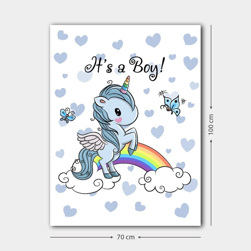 Canvastavla 70x100 cm - Söt enhörning som står på en regnbåge omgiven av moln och fjärilar - Ljusblå / Regnbågsfärger / Vit - Inredning - Tavlor & konst - Canvastavlor