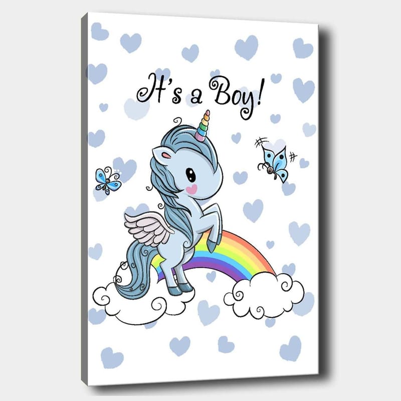 Canvastavla 70x100 cm - Söt enhörning som står på en regnbåge omgiven av moln och fjärilar - Ljusblå / Regnbågsfärger / Vit - Inredning - Tavlor & konst - Canvastavlor