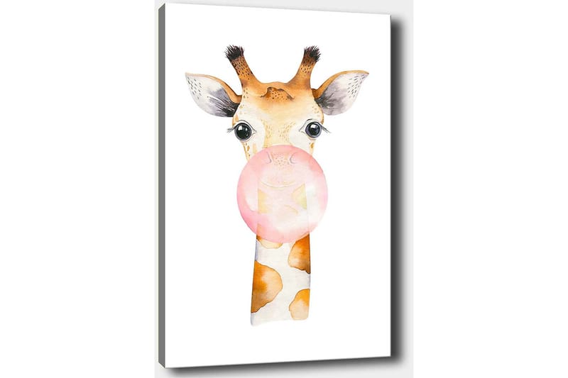 Canvastavla 70x100 cm - Söt giraff som blåser en tuggummiboll - Beige / Rosa / Brun - Inredning - Tavlor & konst - Canvastavlor