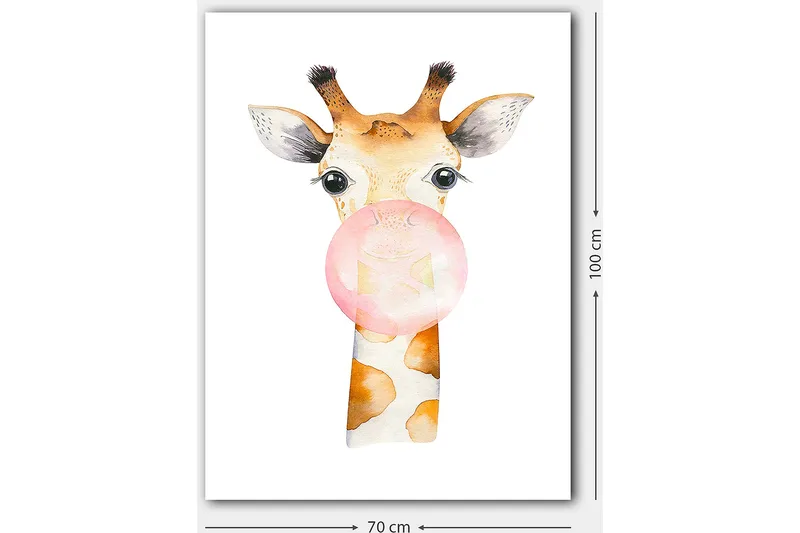 Canvastavla 70x100 cm - Söt giraff som blåser en tuggummiboll - Beige / Rosa / Brun - Inredning - Tavlor & konst - Canvastavlor