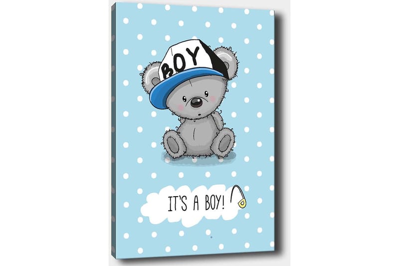 Canvastavla 70x100 cm - Söt grå björn med en blå keps som sitter på en ljusblå bakgrund med vita prickar - Blå / Grå - Inredning - Tavlor & konst - Canvastavlor