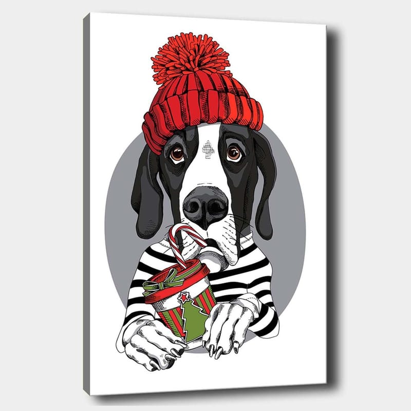 Canvastavla 70x100 cm - Söt hund i en röd mössa som håller en julklapp med en godisstång, Röd / Svart / Grön