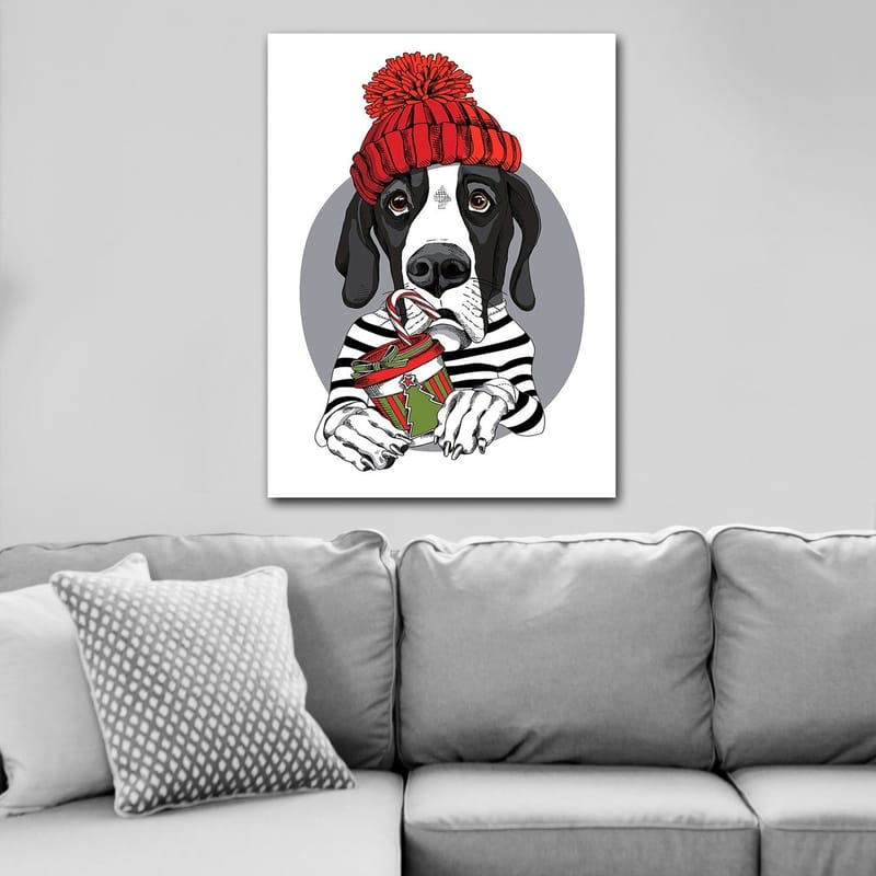 Canvastavla 70x100 cm - Söt hund i en röd mössa som håller en julklapp med en godisstång - Röd / Svart / Grön - Inredning - Tavlor & konst - Canvastavlor