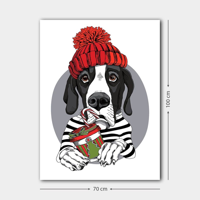 Canvastavla 70x100 cm - Söt hund i en röd mössa som håller en julklapp med en godisstång - Röd / Svart / Grön - Inredning - Tavlor & konst - Canvastavlor