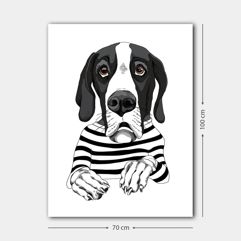 Canvastavla 70x100 cm - Söt hund i randig tröja som ser nyfiken ut - Svart / Vit / Brun - Inredning - Tavlor & konst - Canvastavlor