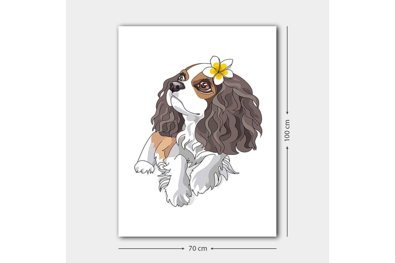Canvastavla 70x100 cm - Söt hund med lockigt hår och en blomma i örat - Brun / Vit / Svart - Inredning - Tavlor & konst - Canvastavlor
