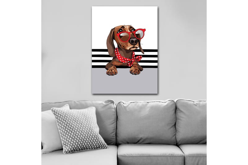Canvastavla 70x100 cm - Söt hund med solglasögon och en röd prickig scarf - Brun / Röd / Grå - Inredning - Tavlor & konst - Canvastavlor