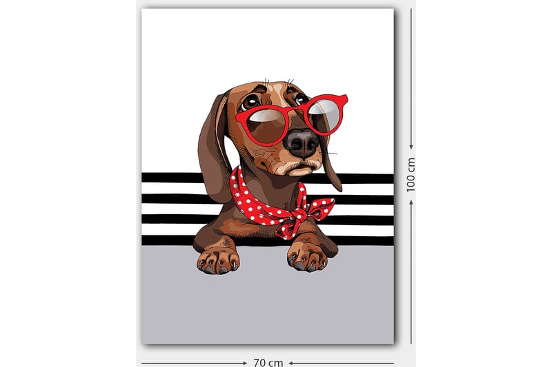 Canvastavla 70x100 cm - Söt hund med solglasögon och en röd prickig scarf - Brun / Röd / Grå - Inredning - Tavlor & konst - Canvastavlor
