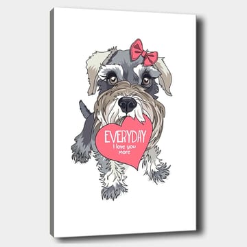 Canvastavla 70x100 cm - Söt hund som håller ett hjärta med texten EVERYDAY I love you more - Grå / Rosa / Vit - Inredning - Tavlor & konst - Canvastavlor