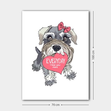 Canvastavla 70x100 cm - Söt hund som håller ett hjärta med texten EVERYDAY I love you more - Grå / Rosa / Vit - Inredning - Tavlor & konst - Canvastavlor