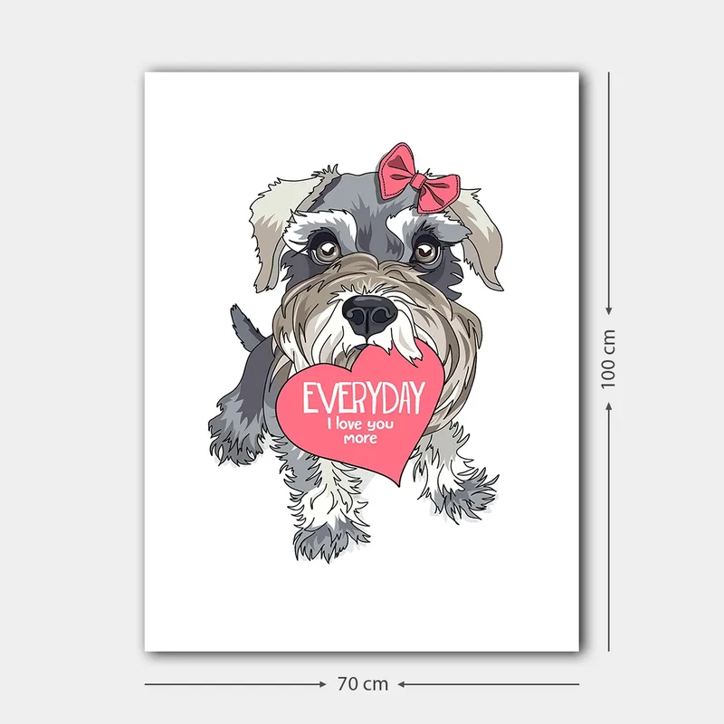 Canvastavla 70x100 cm - Söt hund som håller ett hjärta med texten EVERYDAY I love you more - Grå / Rosa / Vit - Inredning - Tavlor & konst - Canvastavlor