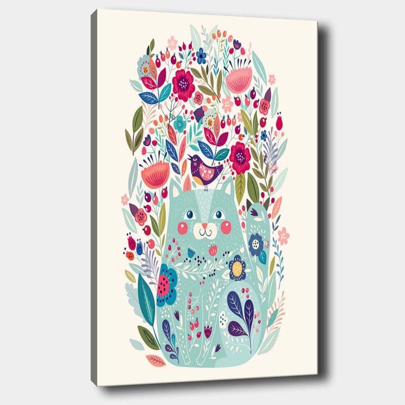 Canvastavla 70x100 cm - Söt katt omgiven av färgglada blommor och växter - Mintgrön / Mörkblå / Rosa - Inredning - Tavlor & konst - Canvastavlor
